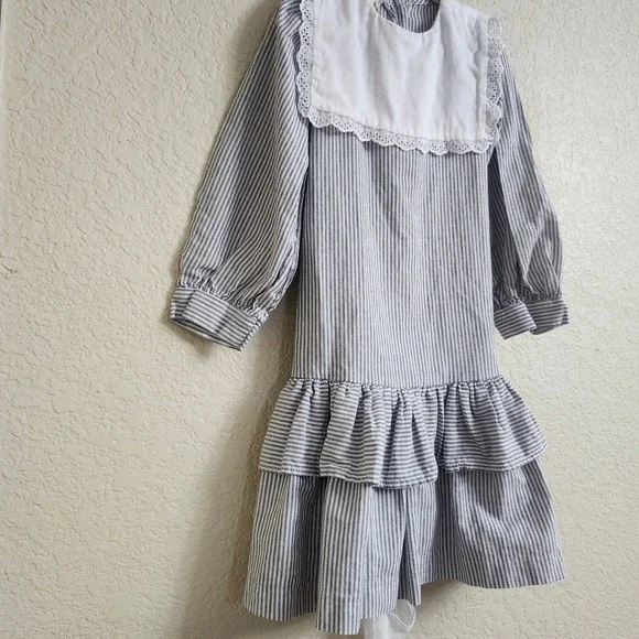VTG Mousefeathers Size 6 Grey White Striped Lace Collar Puff Sleeve Ruffle Dress - Picture 3 of 16